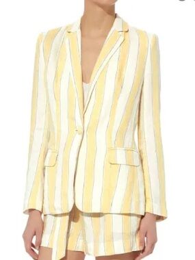 FRAME Striped Linen Blend Blazer Yellow White Size 10